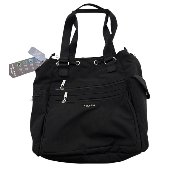 NWT Baggallini Modern Everyday Drawstring Tote Bag in Black with Silver Hardware - Picture 1 of 5